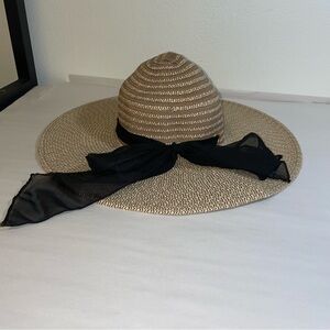 Straw Floppy Sun Hat with Black Bow Sash Detail
